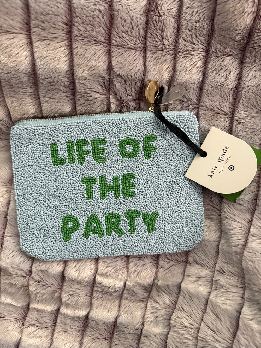 kate spade for target light blue beaded pouch with green lettering